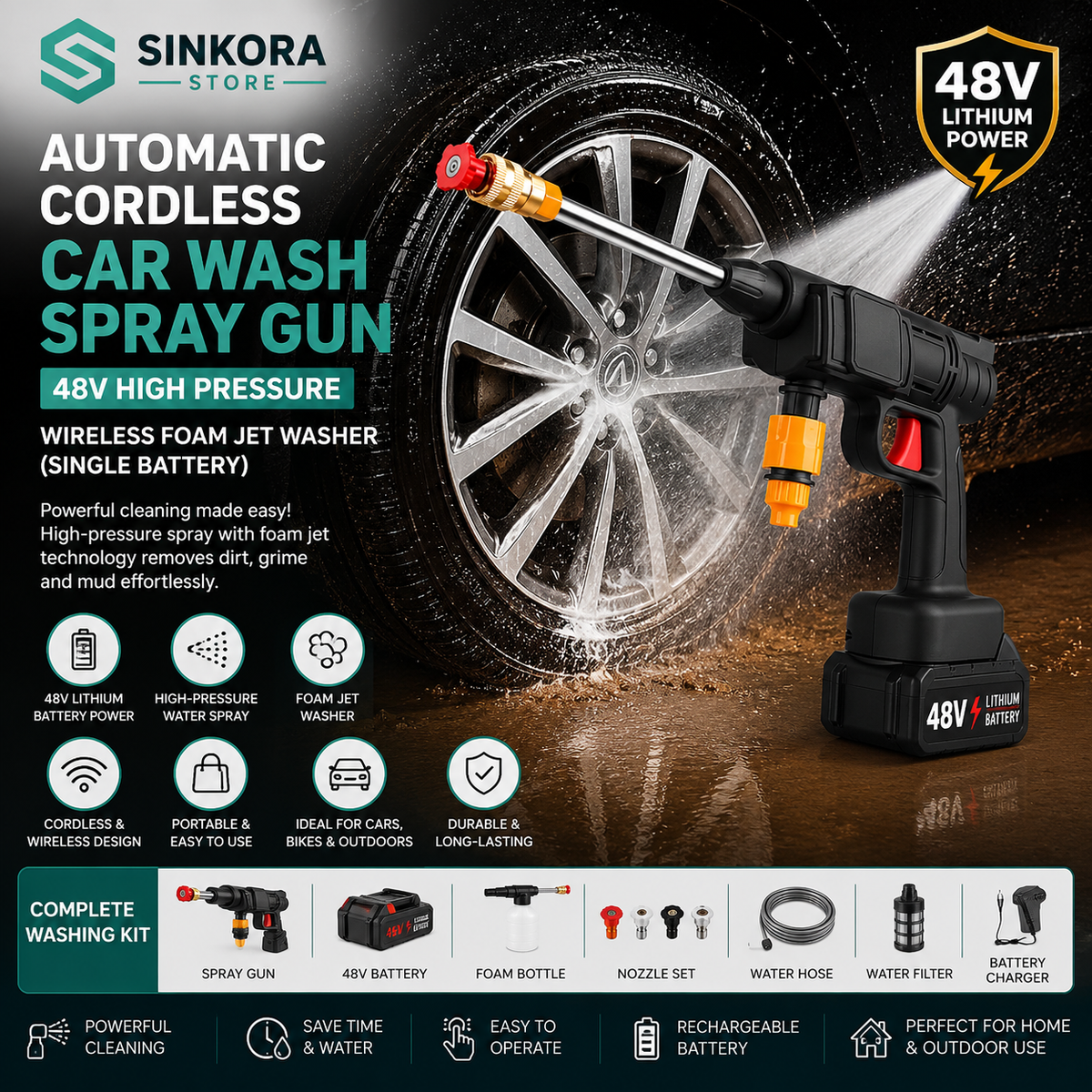 🚗 Automatic Cordless Car Wash Spray Gun | 48V High Pressure Lithium Battery | Wireless Foam Jet Washer (Single Battery)