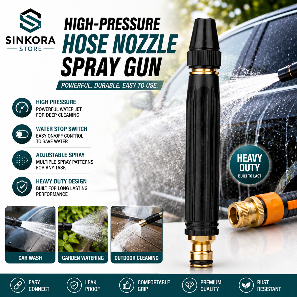 High-Pressure Hose Nozzle Spray Gun – Heavy Duty Water Jet with Stop Switch