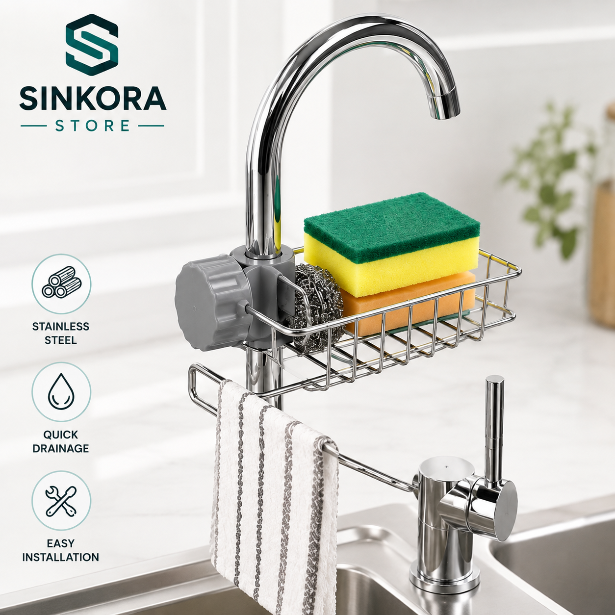 Stainless Steel Faucet Sponge Holder & Sink Organizer